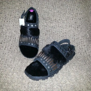 UGG-Black Studded Sheepskin/Leather/Fur-BIKER CHIC-Slingback Sandals-Sz 8.5-NEW